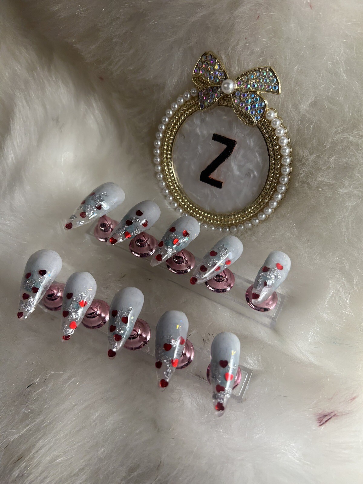 Z NAILZ! Handmade L Stiletto Set of Clear W/White Cuticle. Red Hearts Press Ons