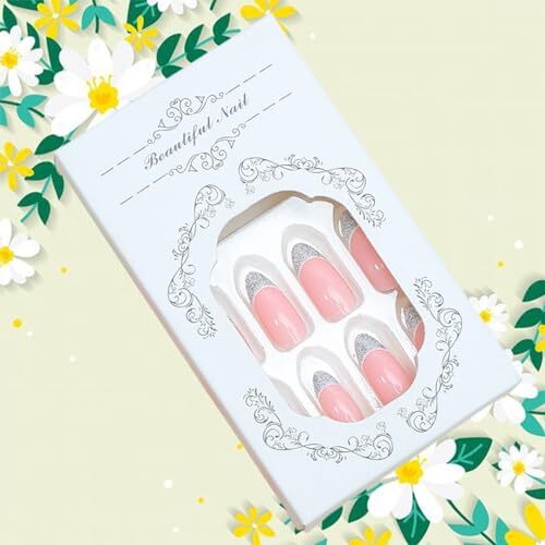 24Pcs Silver French Tips Press on Nails Medium Almond Fake Nails with french-3