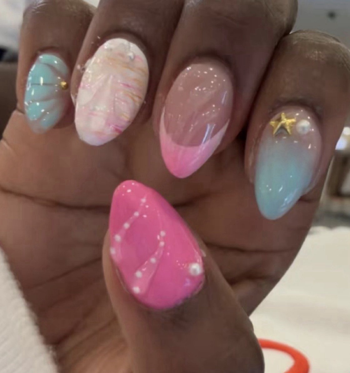 Long Almond Press-On Nails Pink Blue White Star Theme Shiny Pre-Designed