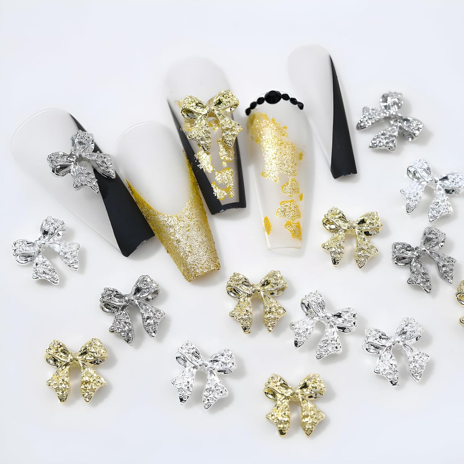 36 Pcs Bow Nail Art Charms 3D Alloy Bow Nail Charms Silver Gold Nail Rhinestones