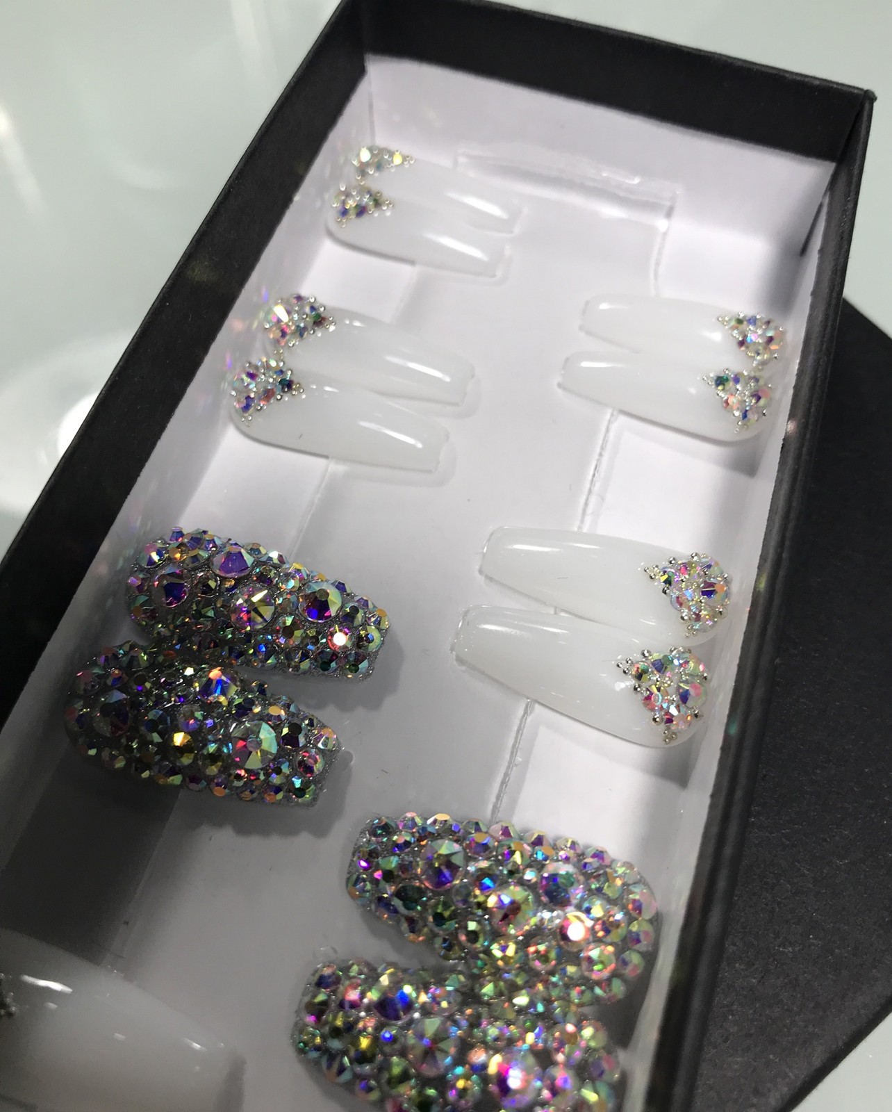 🔥 Press On Nails Handmade- 22 Med Coffin Pink White + Crystal Gel /gel Polish