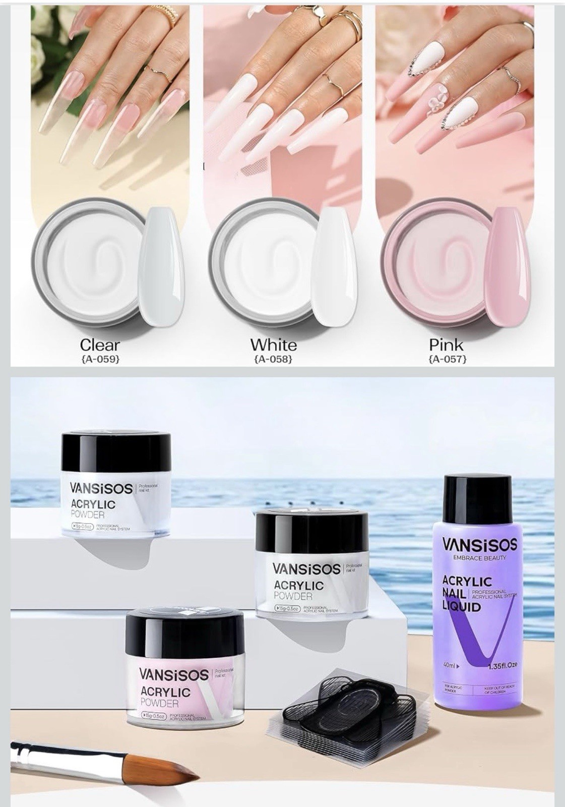 Acrylic Nail Kit Clear White Pink Powder and Liquid Set NEW