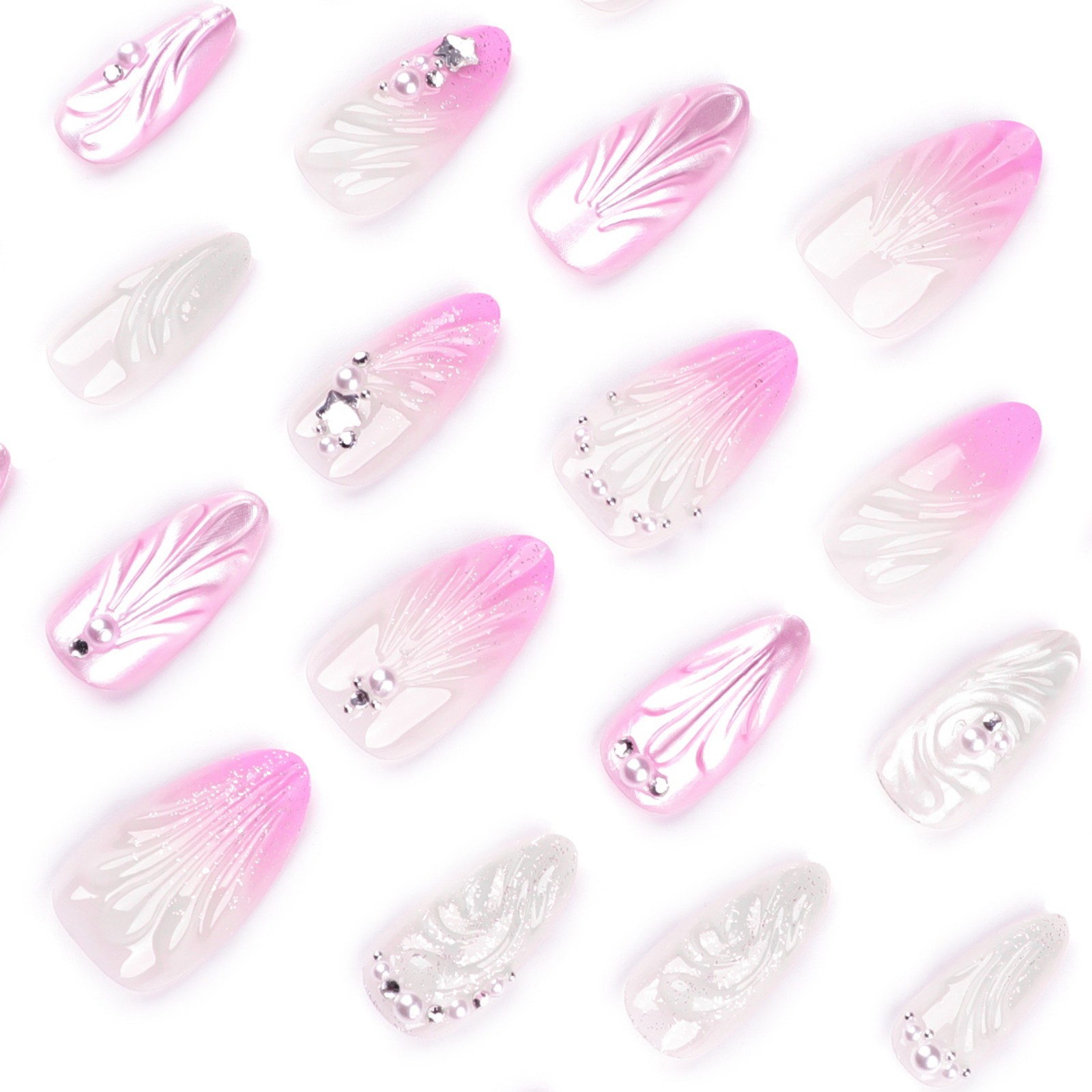 24pcs White and Pink 3D Shiny Shell Design Press on Nails, Medium Almond Shape