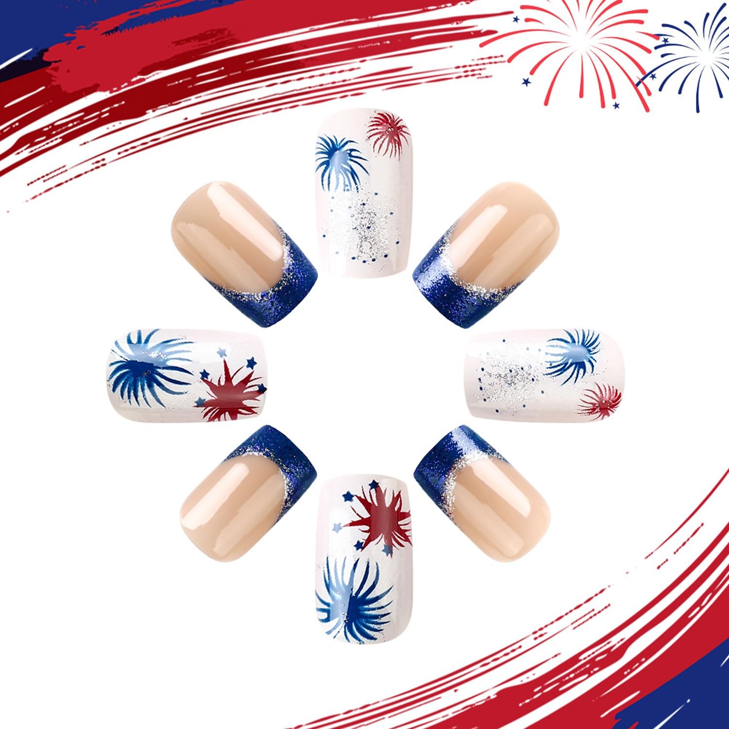 24Pcs Independence Day Fake Nails Kit – Short Square Press on Nails 4th of Ju…