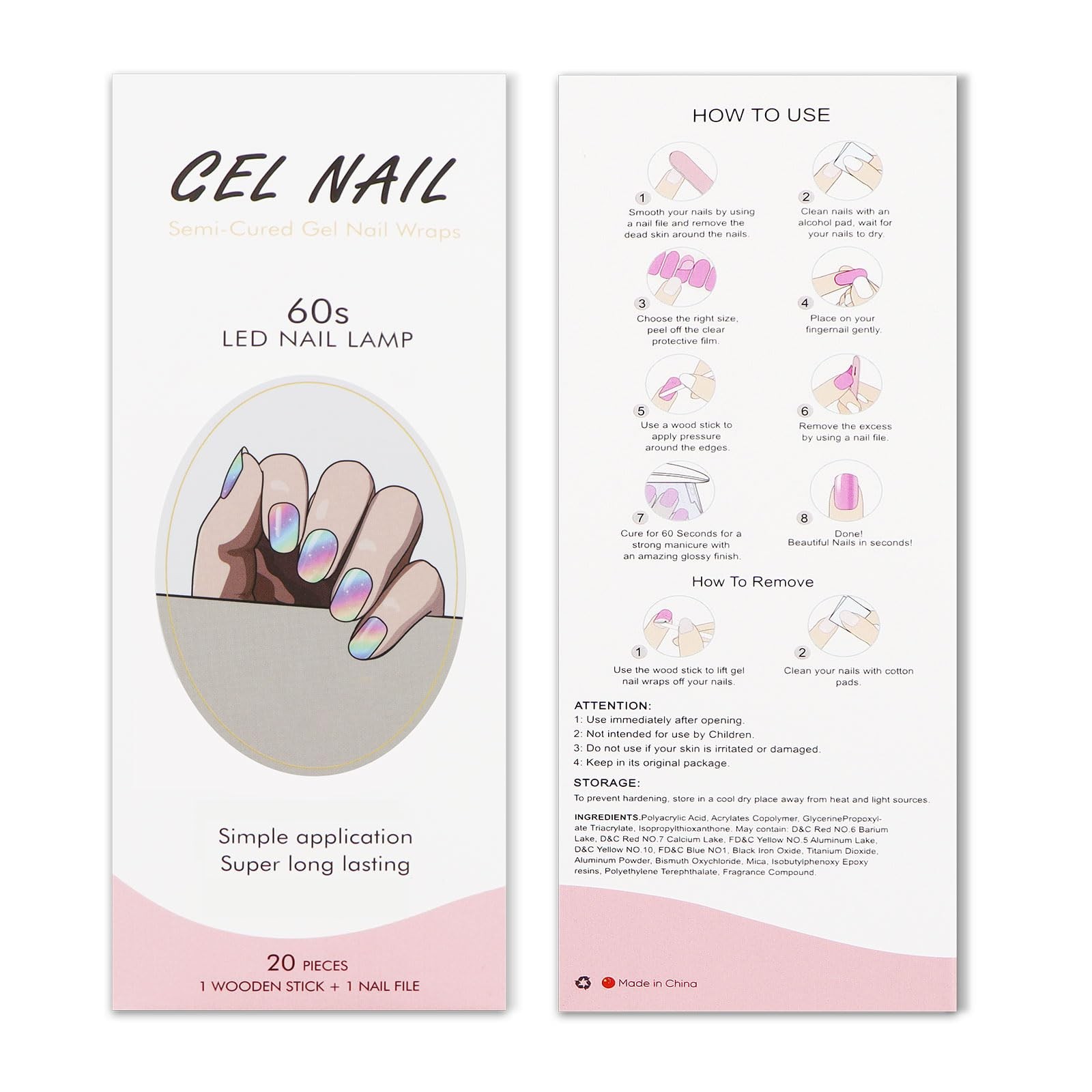 Gel Nail Stickers Rainbow Glitter Semi Cured Gel Nail Strips Wraps UV/LED