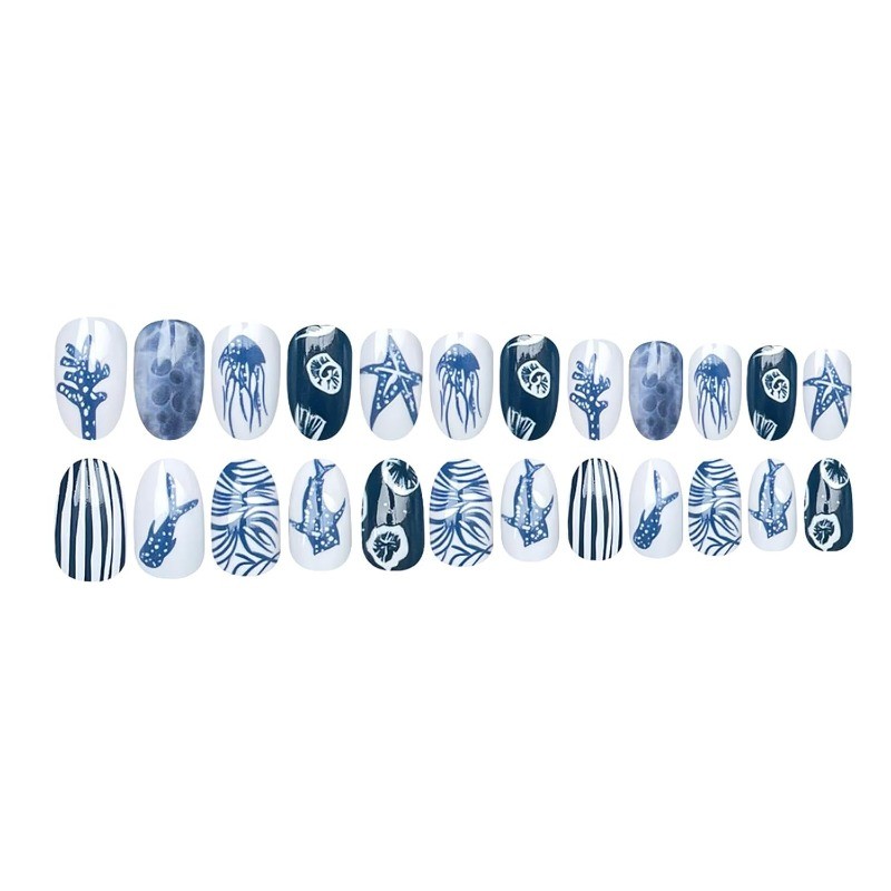 48pcs Summer Ocean Press on Nails, Blue White Shark Jellyfish Almond Fake Nails