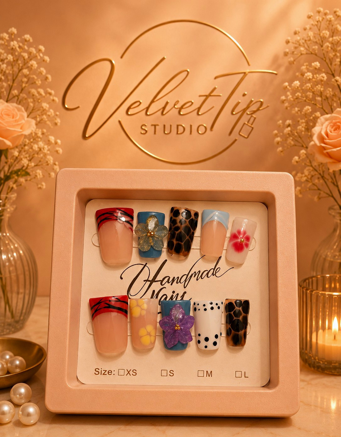 VelvetTip Studio Multicolor 3D Floral Square Press-On Nails Set Handmade Size M