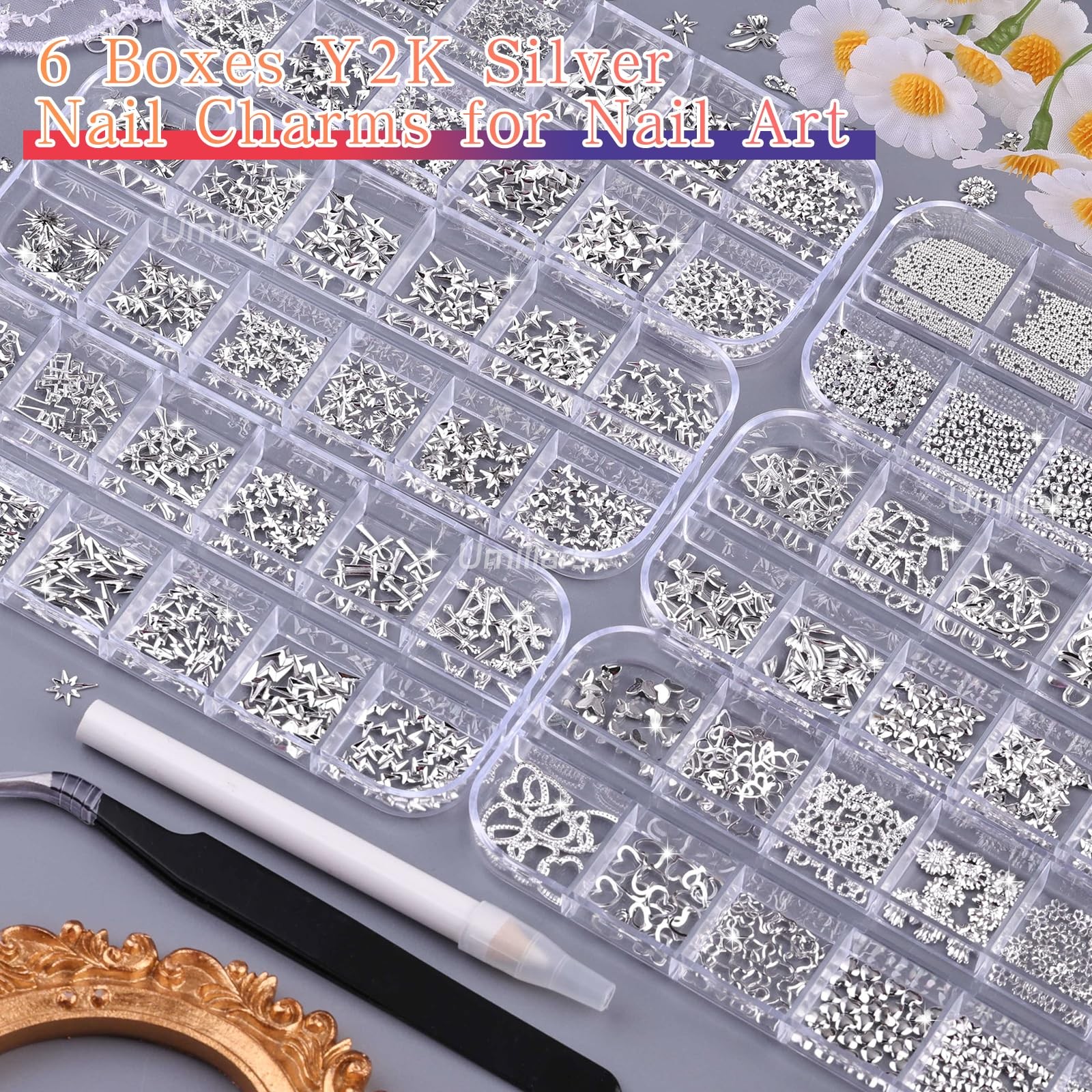 6 Boxes Silver Nail Charms with Nail Pearls, 3D Star Cross Nail Art Studs Met…