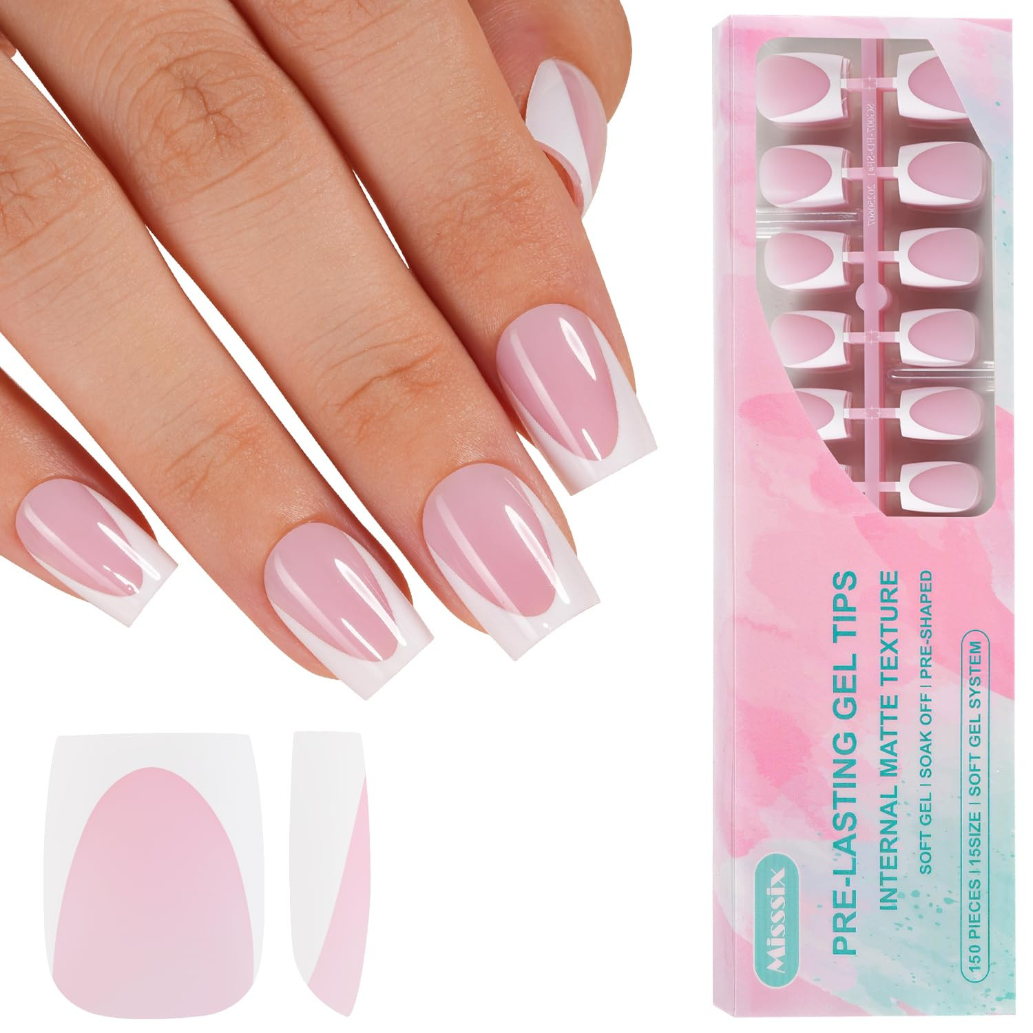 Deep French Tip Press on Nails, 160Pcs French Gel Nail Tips, Short Square Soft G