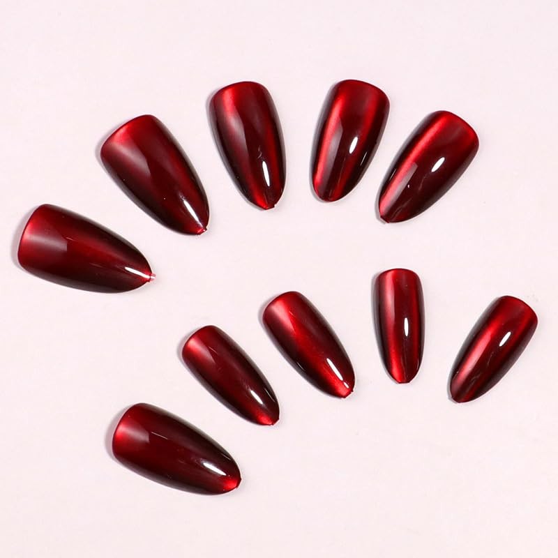 30Pcs Wine Red Press on Nails Short Almond Fake Nails Cat Eye Medium Style 35