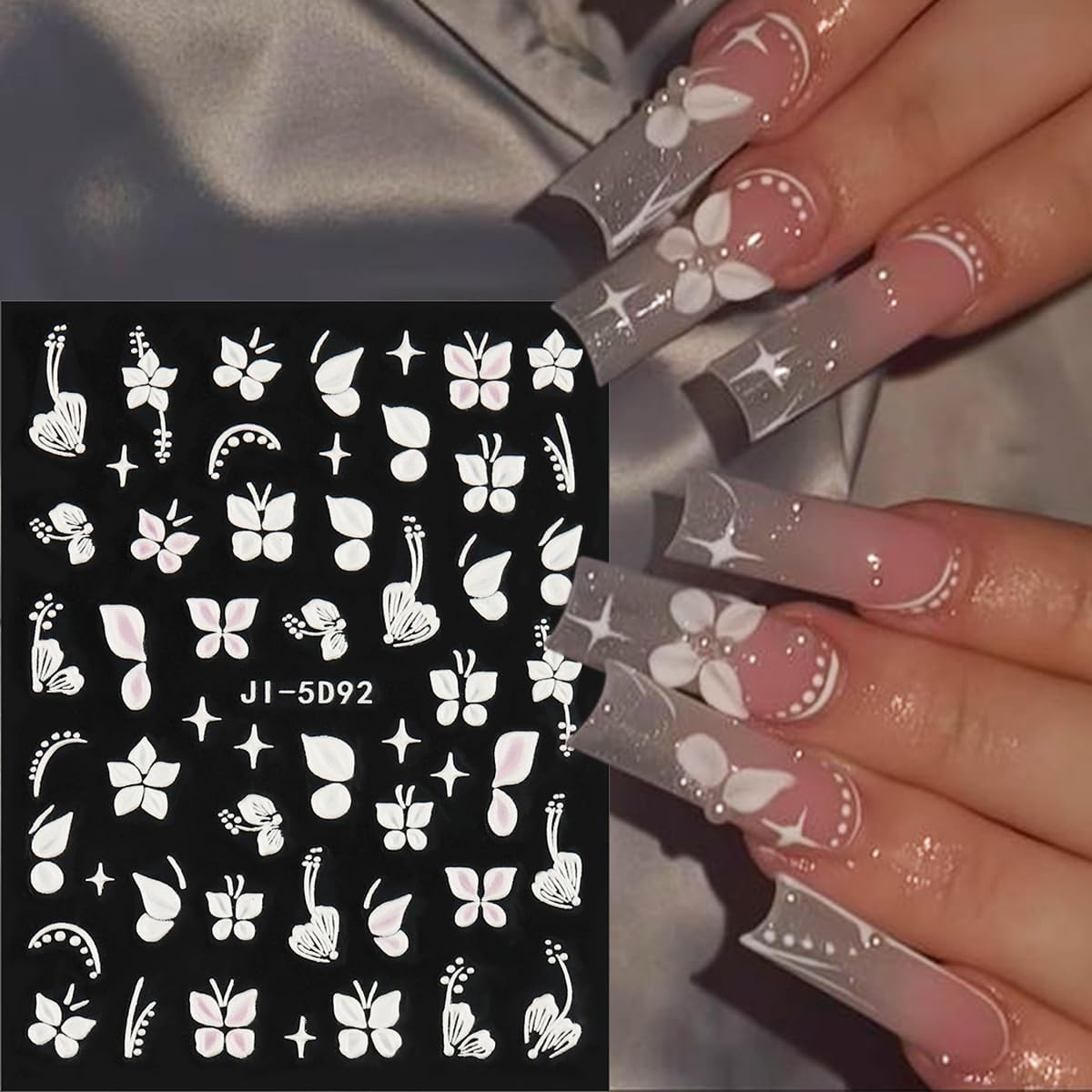 5D Embossed White Flowers Nail Stickers, 5 Sheets Self-Adhesive Floral Nail Deca