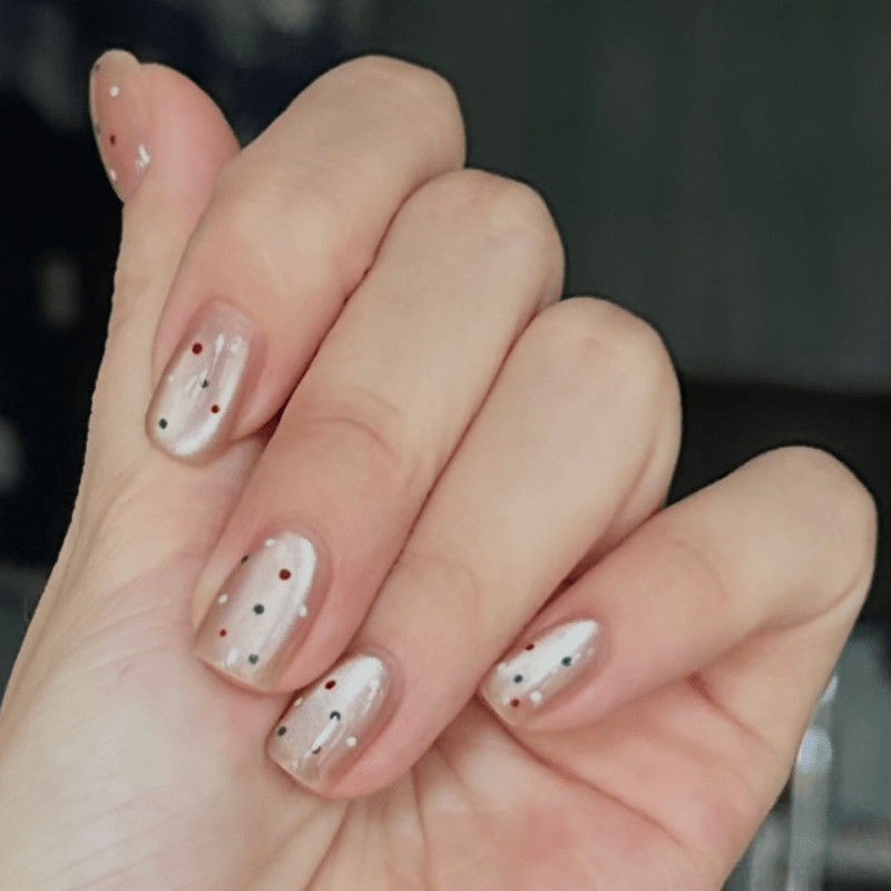 48 Pcs Multicolor Dot Silver Nude Oval Press on Nails, Minimal Cute Fake Nails
