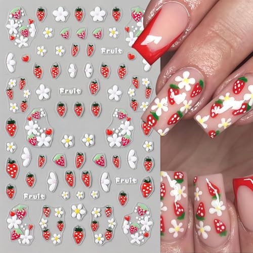 4Pcs Flower Nail Art Stickers Decals 5D Embossed Floral Strawberry strawberry