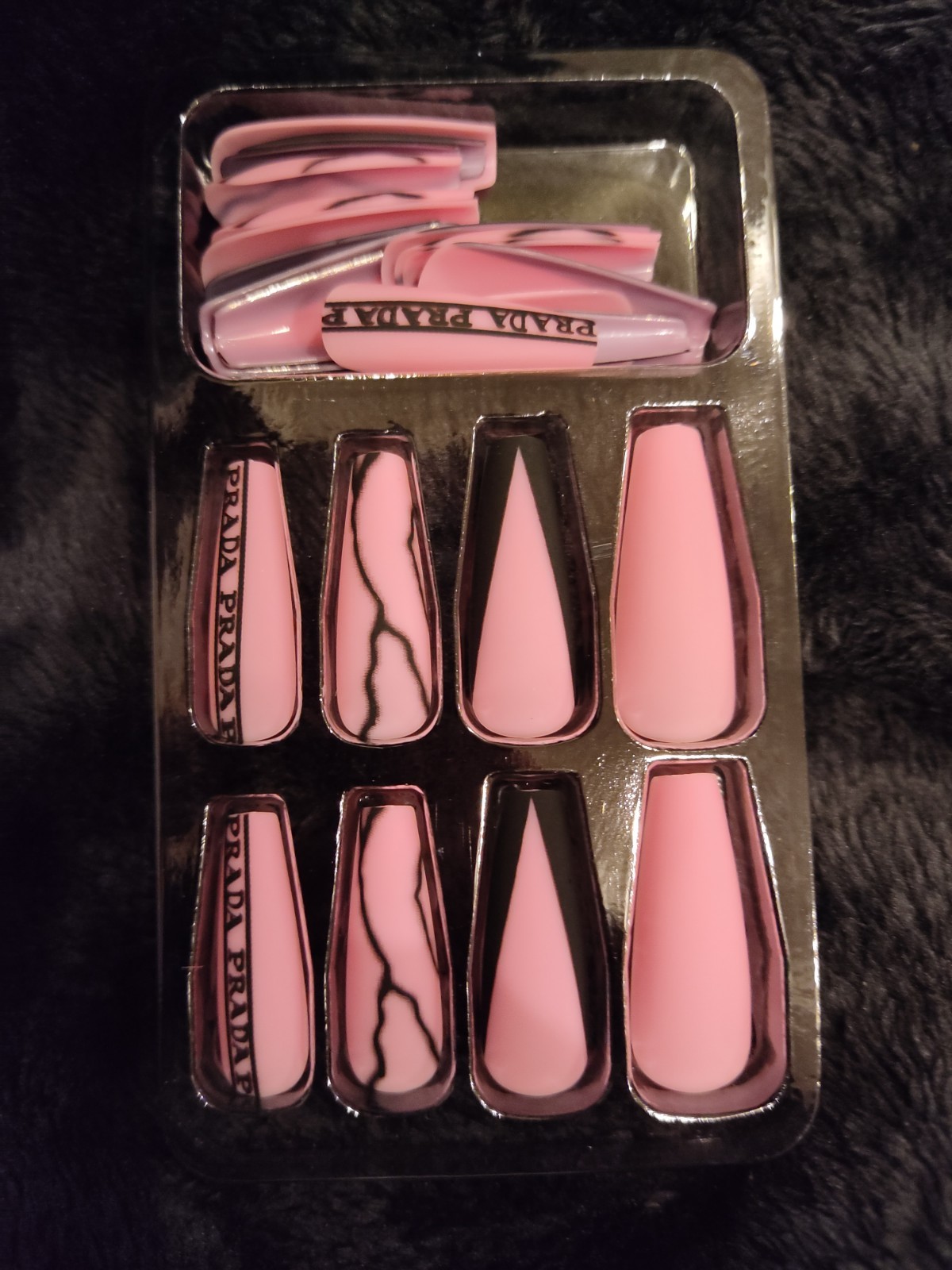 Pink Black Luxury Salon Press On Nails Fashion Logo Print Glam Long Coffin Matte