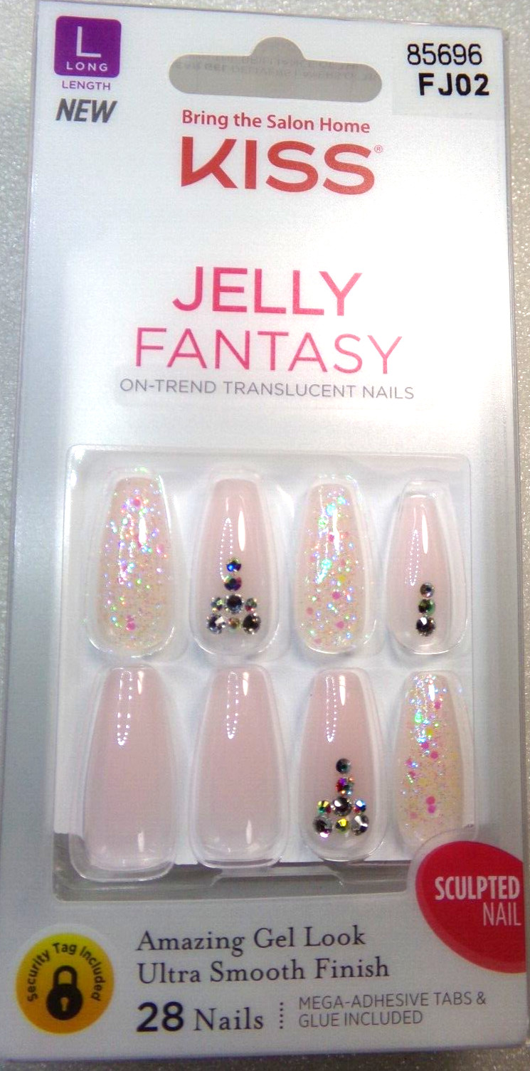 KISS Fantasy JELLY NAILS GLUE ON Barely Pink LONG LENGTH, Sculpted COFFIN