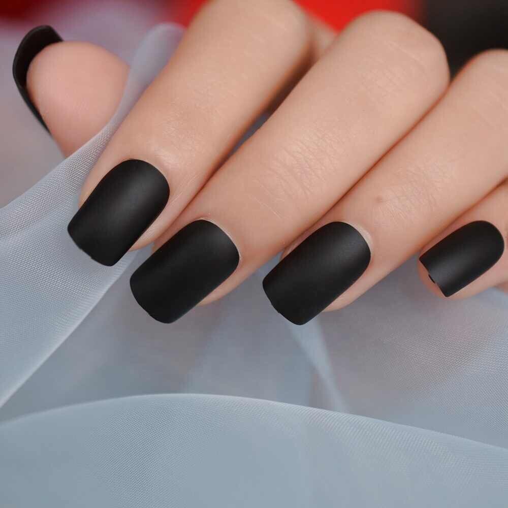 Matte Black Medium Square Press On Nails – Glue On False Set – 24 pcs Kit