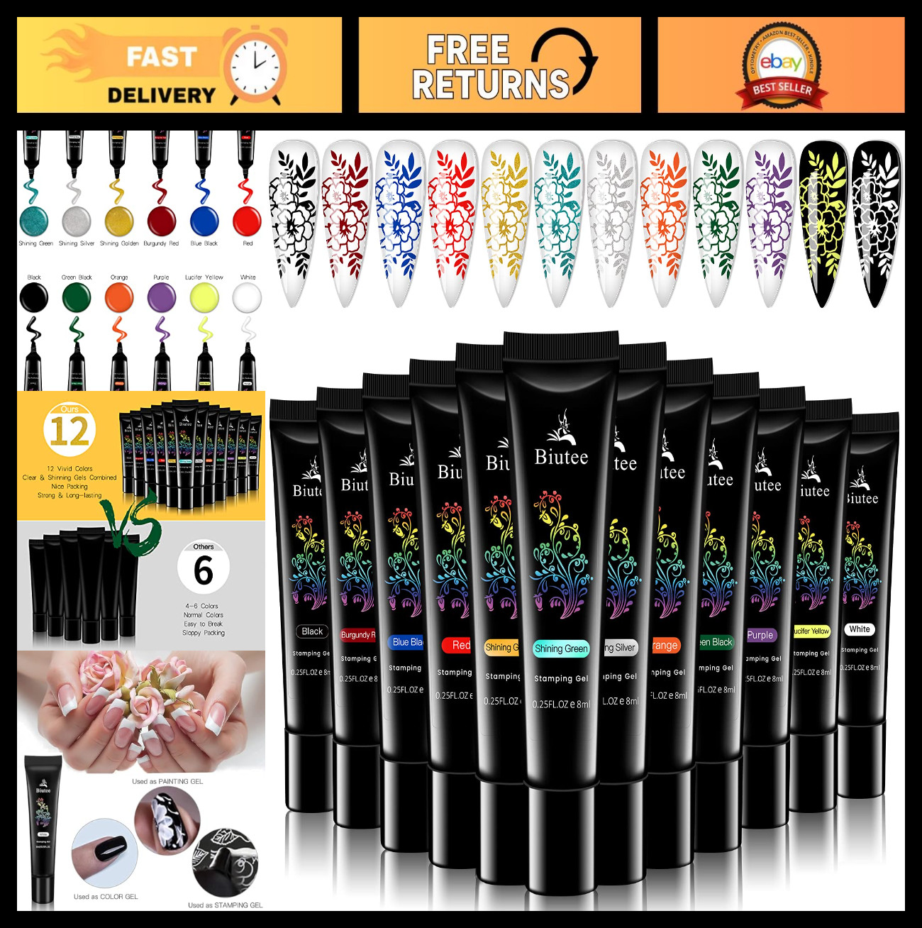 12 Colors Stamping Nail Polish Gels – Soak Off UV Gel for DIY Nail Art Design