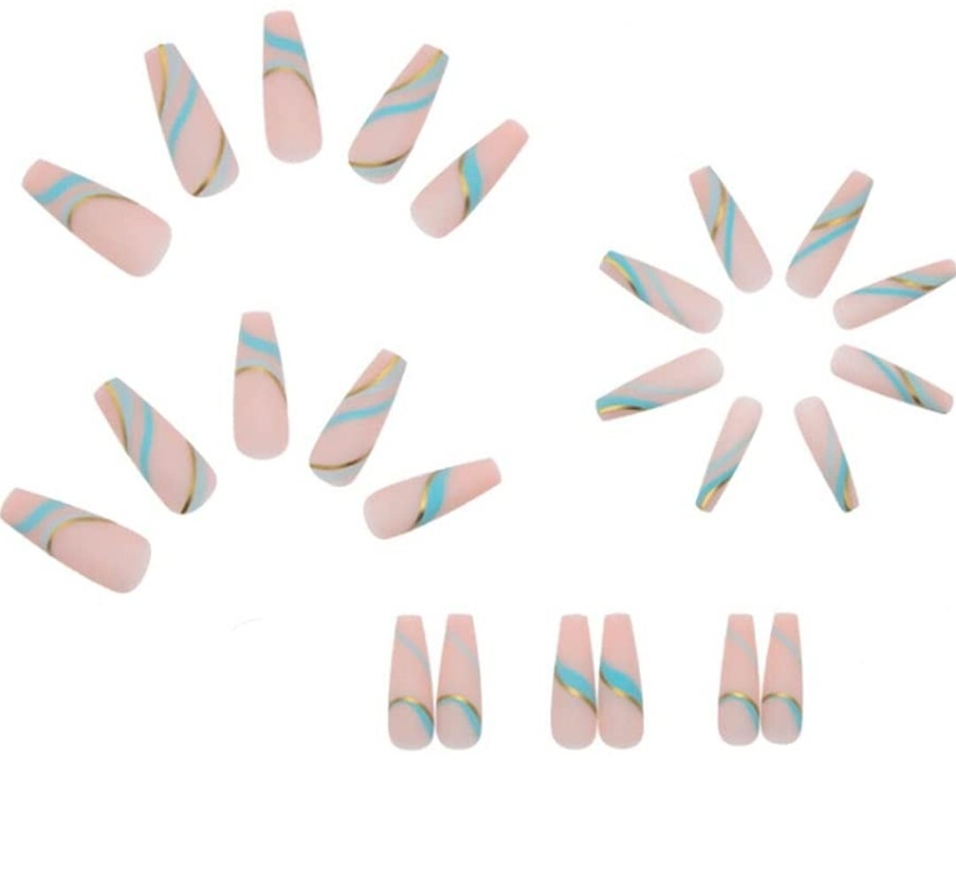 24 Long Nude Turquoise swirl gold Press on nails set matte coffin blue green