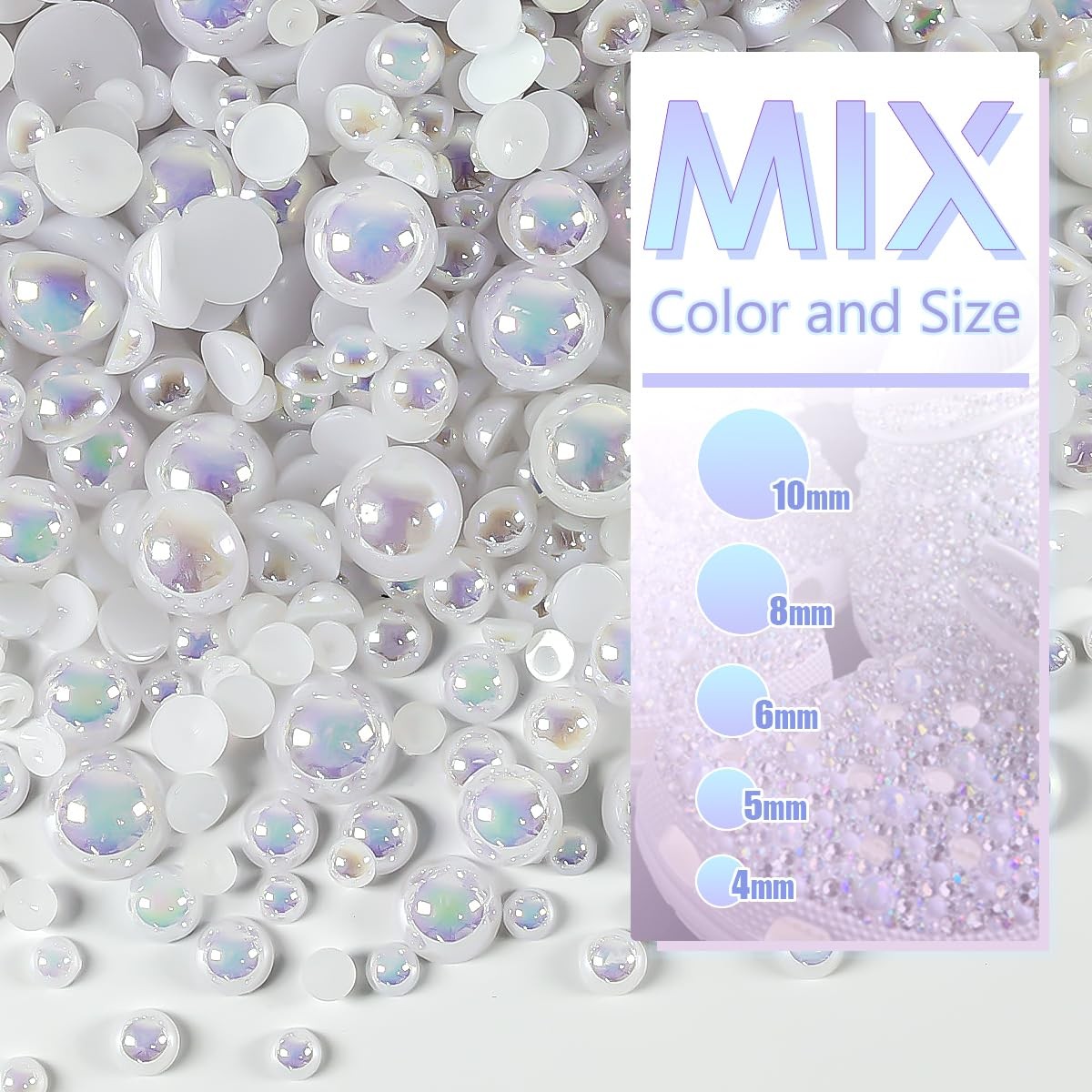 qiipii 51g White AB Half Round Pearls for Crafting 4mm 5mm 6mm 8mm 10mm Mix