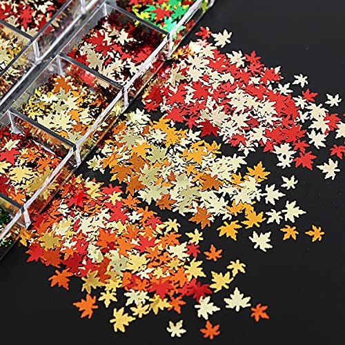 12 Grids Fall Maple Leaf Nail Art Glitter Sequins 3D Holographic Nail Art