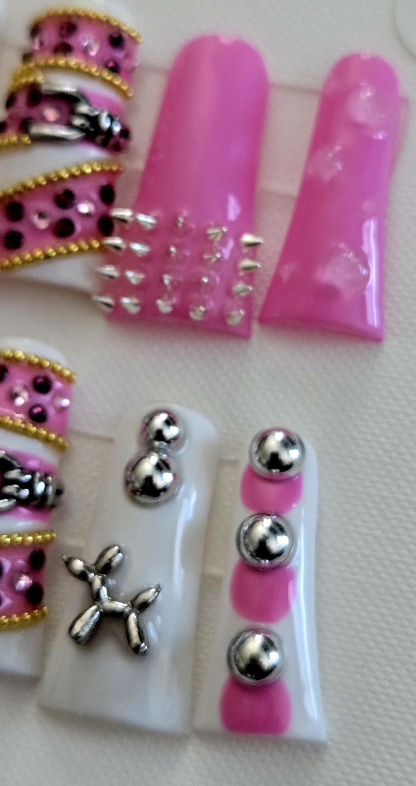 Junk Nails 3D Press On Large Duck Nails Pink Silver Studs Rhinestone Dog Balloon