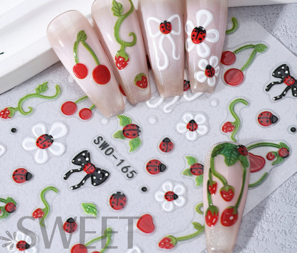Butterfly Flower Embossed Strawberry Hibiscus Bow Nail Art Stickers Decor NH29