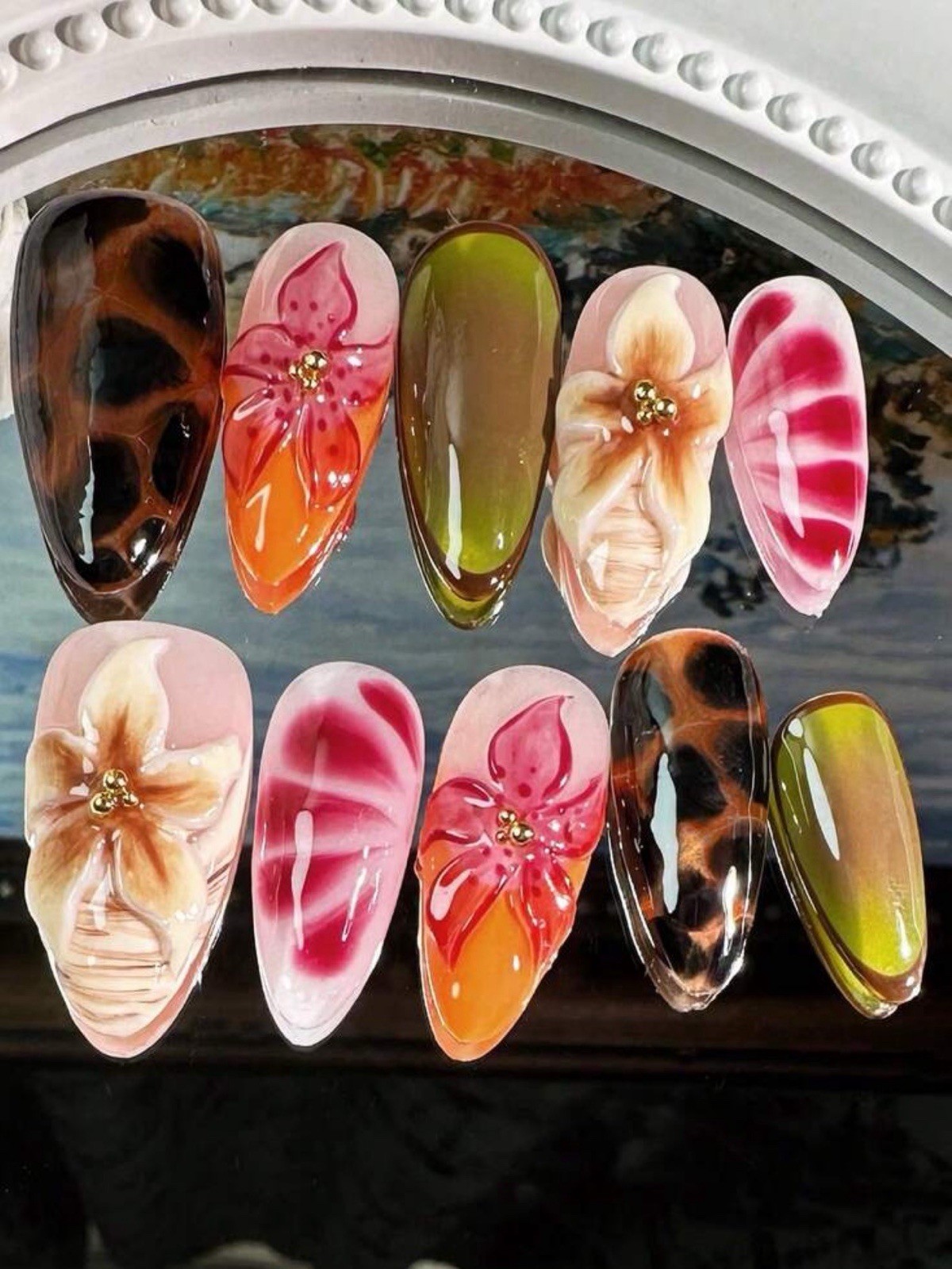 ENEN Medium Almond 3D Floral Press-On Nails Full Cover Self-Adhesive Set