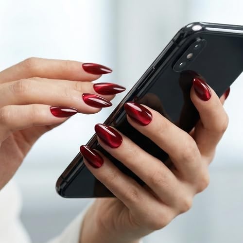 Burgundy Red Cat Eye Press on Almond Nails Short 16 Sizes Glass red cat eye