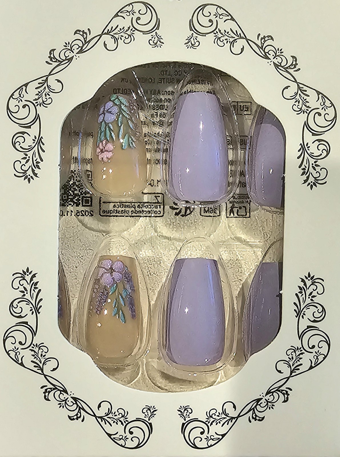Press-On Nails Summer of Love Lavender Pink Clear Floral Coffin Long Shiny