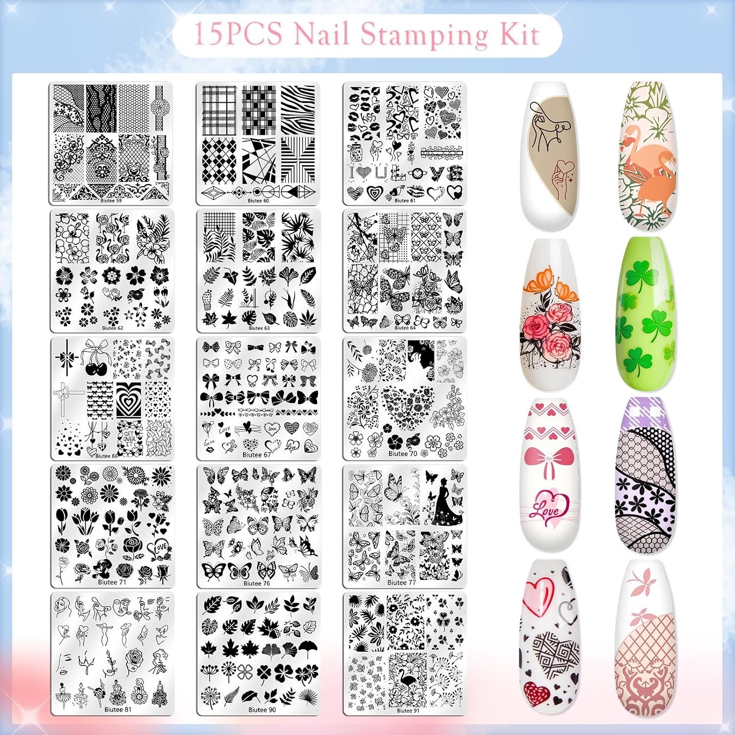Nail Stamping Plates Set 15PCS Nail Art Stamping Kit Nail Stamp Tools Supplies