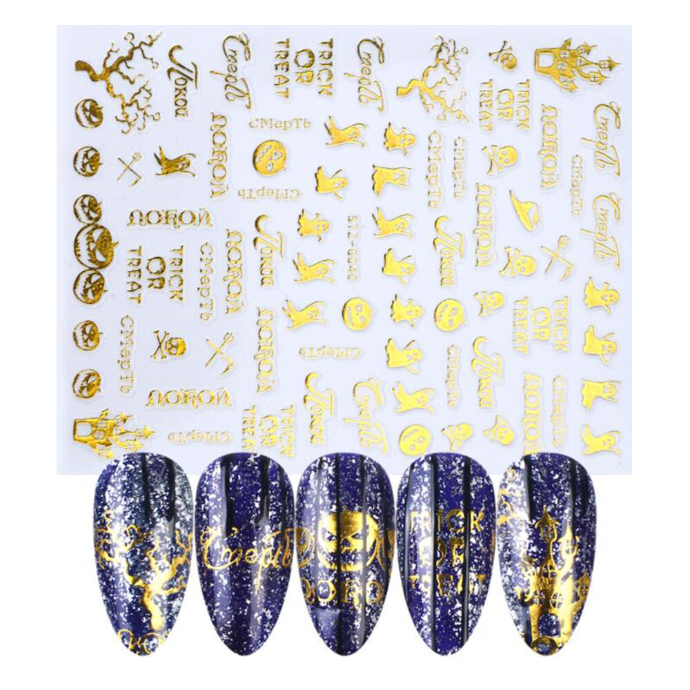 Gold Black Halloween Bat Witch Pumpkin Skull Nail Sticker Art Decal Waterproof