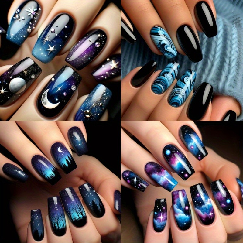 96PCS(4Pack) Cosmic Galaxy Press On Nails Night Sky Ready-to-Wear Wearable Nails
