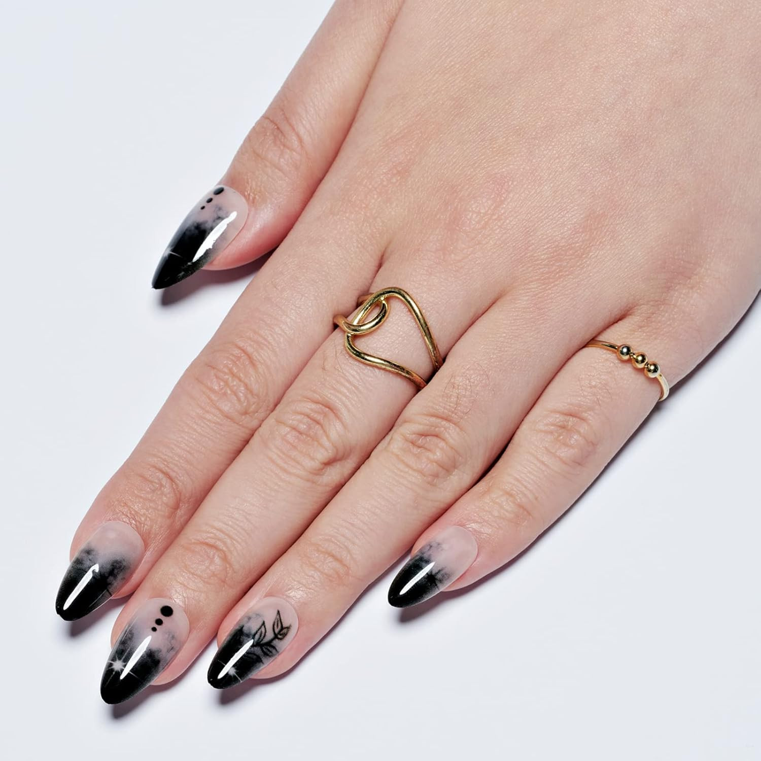 Press on Nails Medium Almond, Gothic Black Ombre French Tip Gel Glue on Nail, Gl