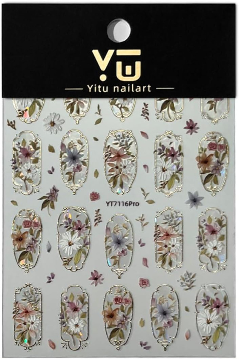 Flower Nail Art Stickers Decals 5D Embossed Golden Edge Flower Nail Stickers