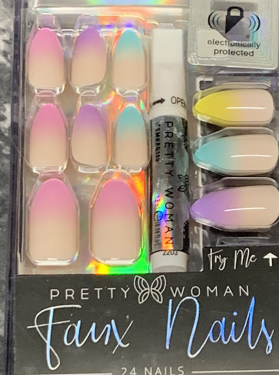 Pretty Woman Faux Nails Glue Included Rainbow Pink Blue Yellow Purple