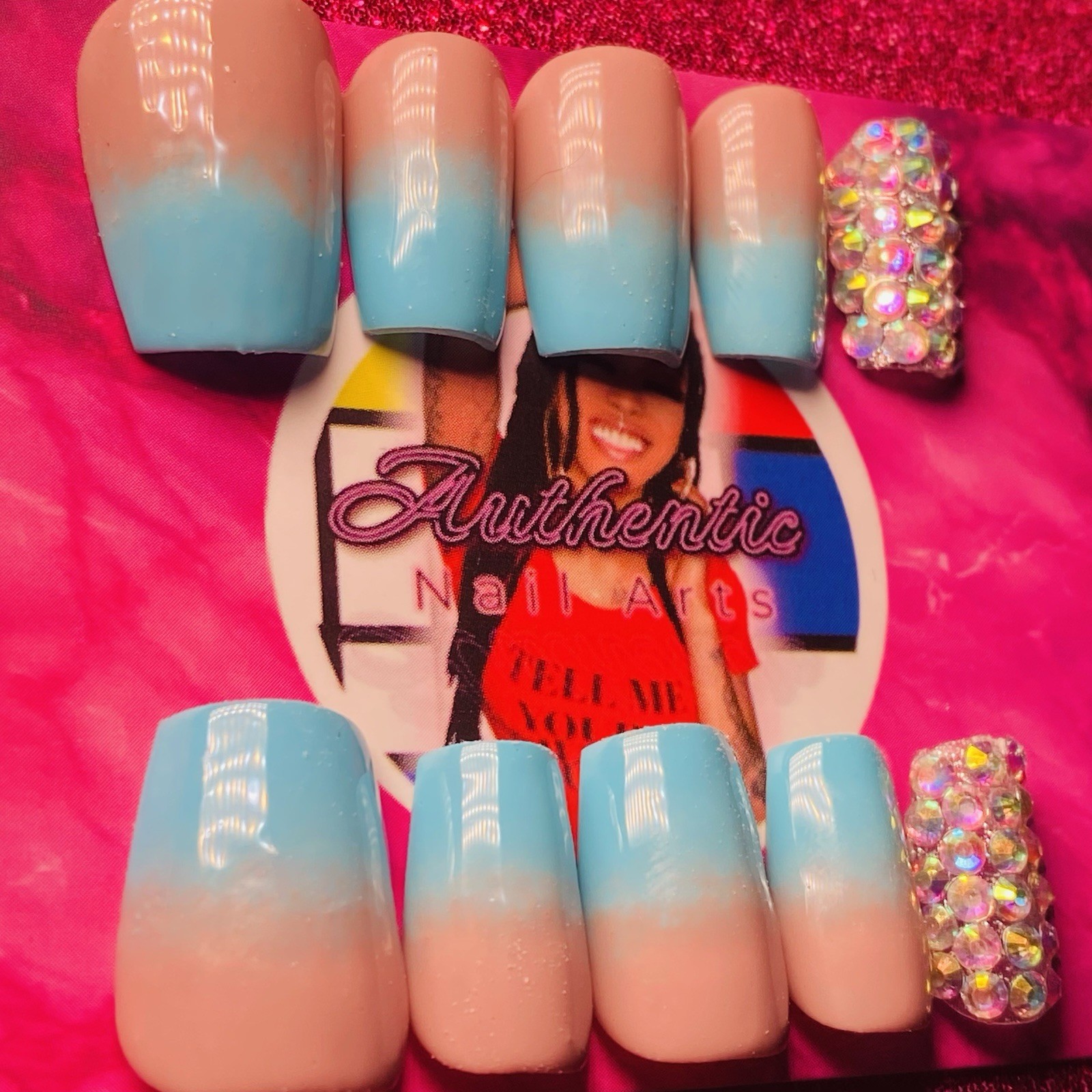 Square Press-On Nails Blue Nude Ombre Sparkle Shiny by Authentic Nail Arts