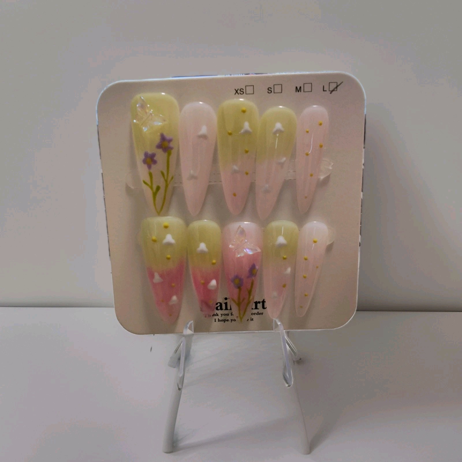 Pink Green Purple Long Coffin 3D Butterfly Flower Press-On Nails Full Cover