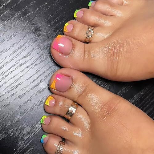 24pcs French Press on Toenails Short Square Fake Toenails Colorful style11