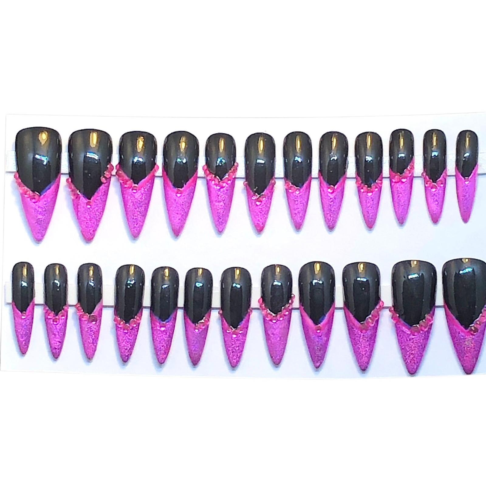 Custom Handmade Press On Nails Long Stiletto Black & Pink Hologram French Tips