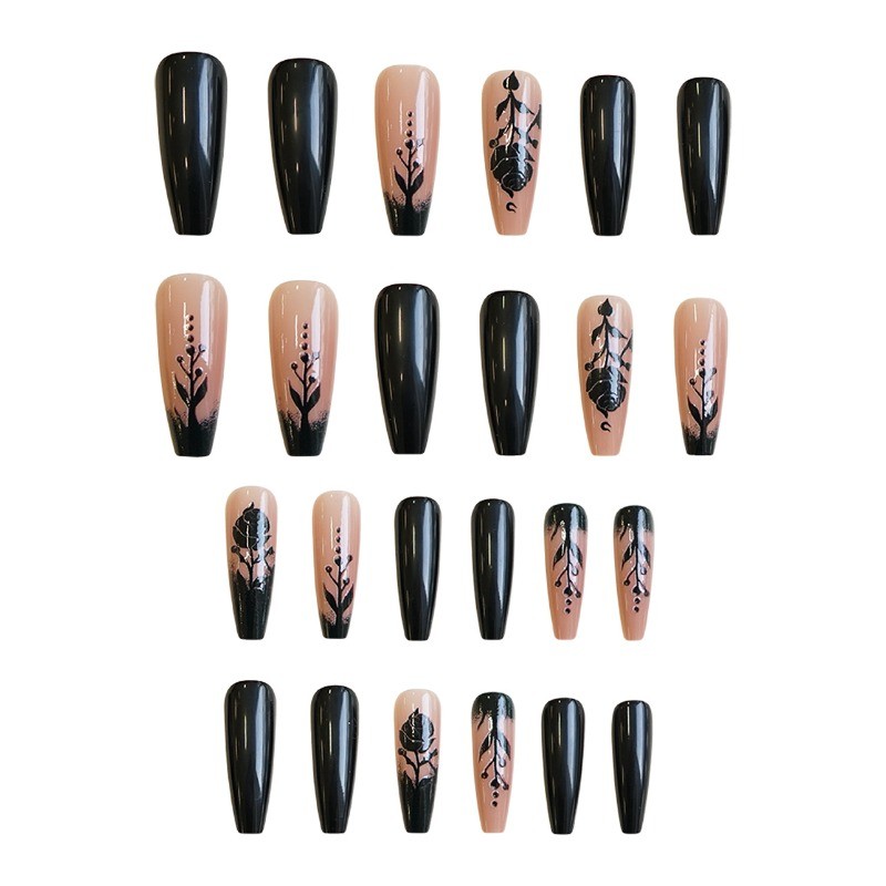 48pcs-Black Rose Press on Nails, Long Stiletto Nude Gradient Gothic Fake Nails