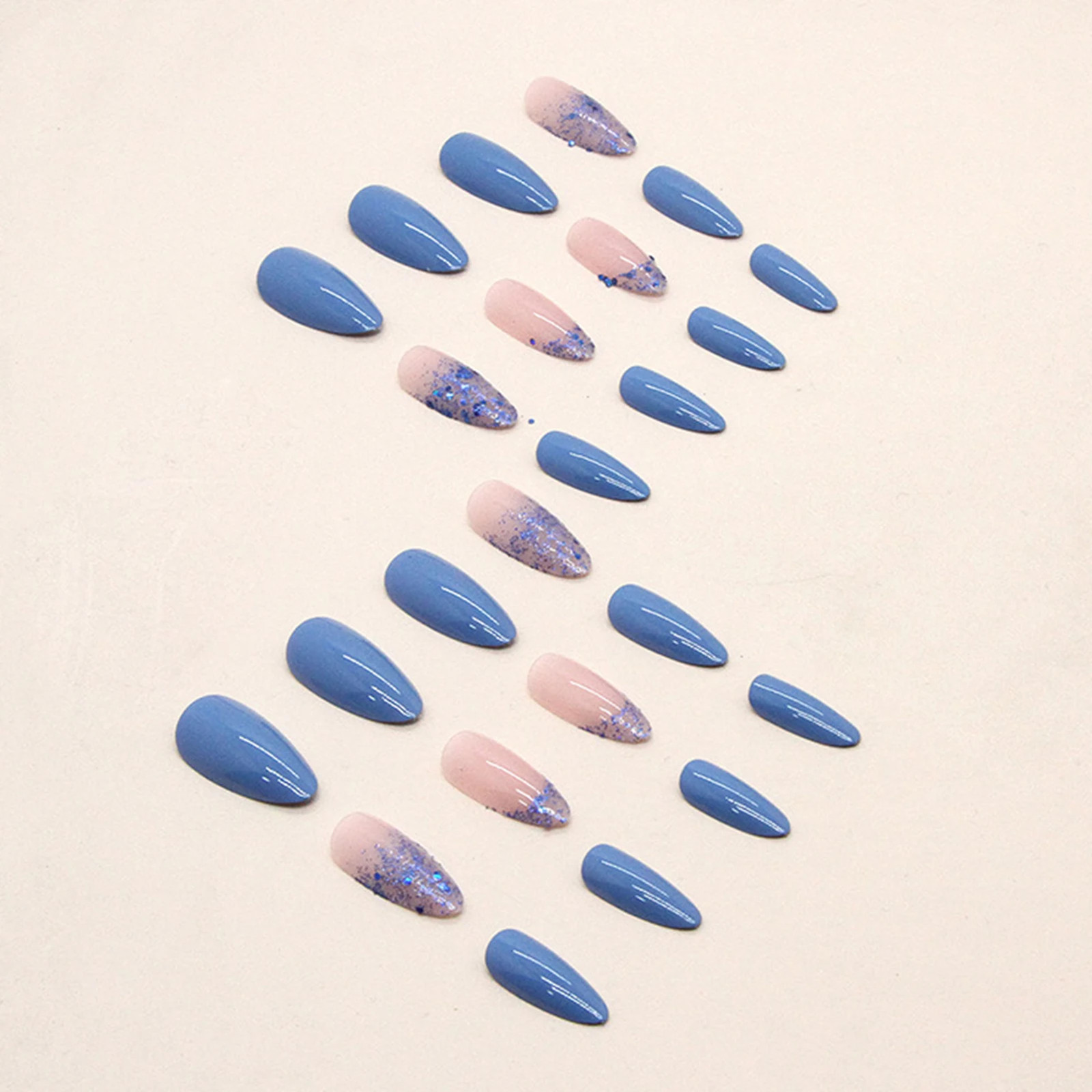 24Pcs Lake Blue Glitter Sequins French Almond Press On Nails
