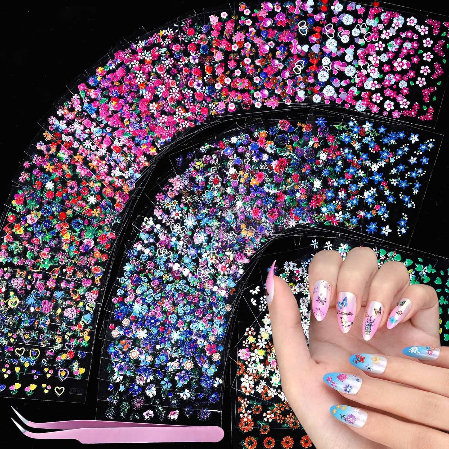 50 Sheets Nail Stickers for Nail Art, Colorful Flower Nail Art Stickers for Kids
