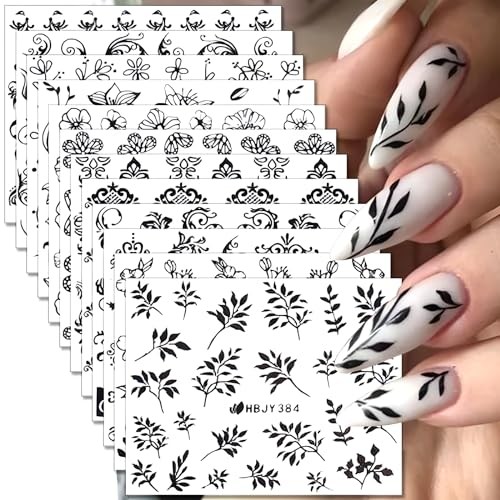 12 Sheets Black Nail Art Stickers 3D Self Adhesive Black Flower Nail Style 3