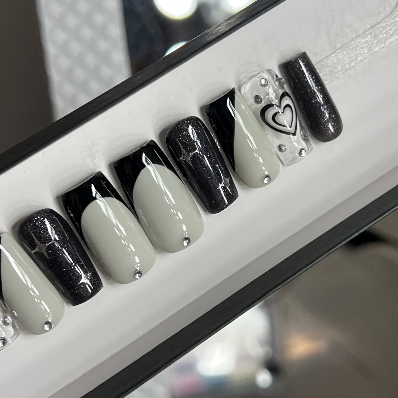 🤍 CUSTOM Hard Gel Press On Nails Black GREY HEART Bling 10p FULL SET SQUARE
