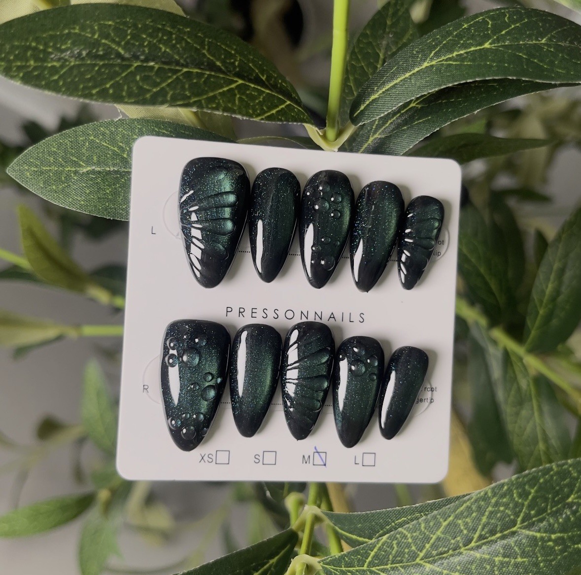 10Pcs Handmade Almond-Shaped Nail Tips, Gemstone Green Cat Eye Design