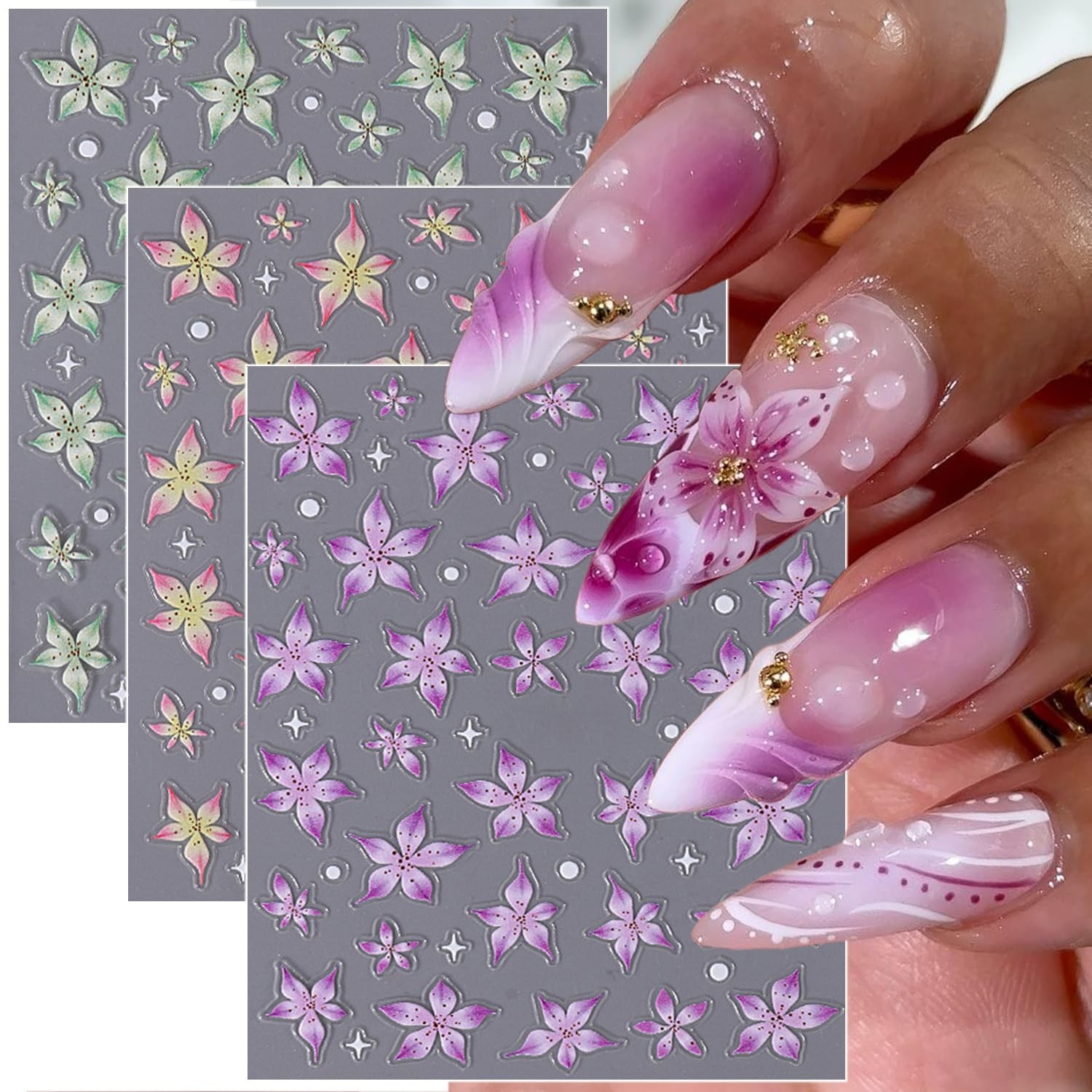 3 Sheets 5D Embossed Flower Nail Stickers Purple Sheet, Pink and Green