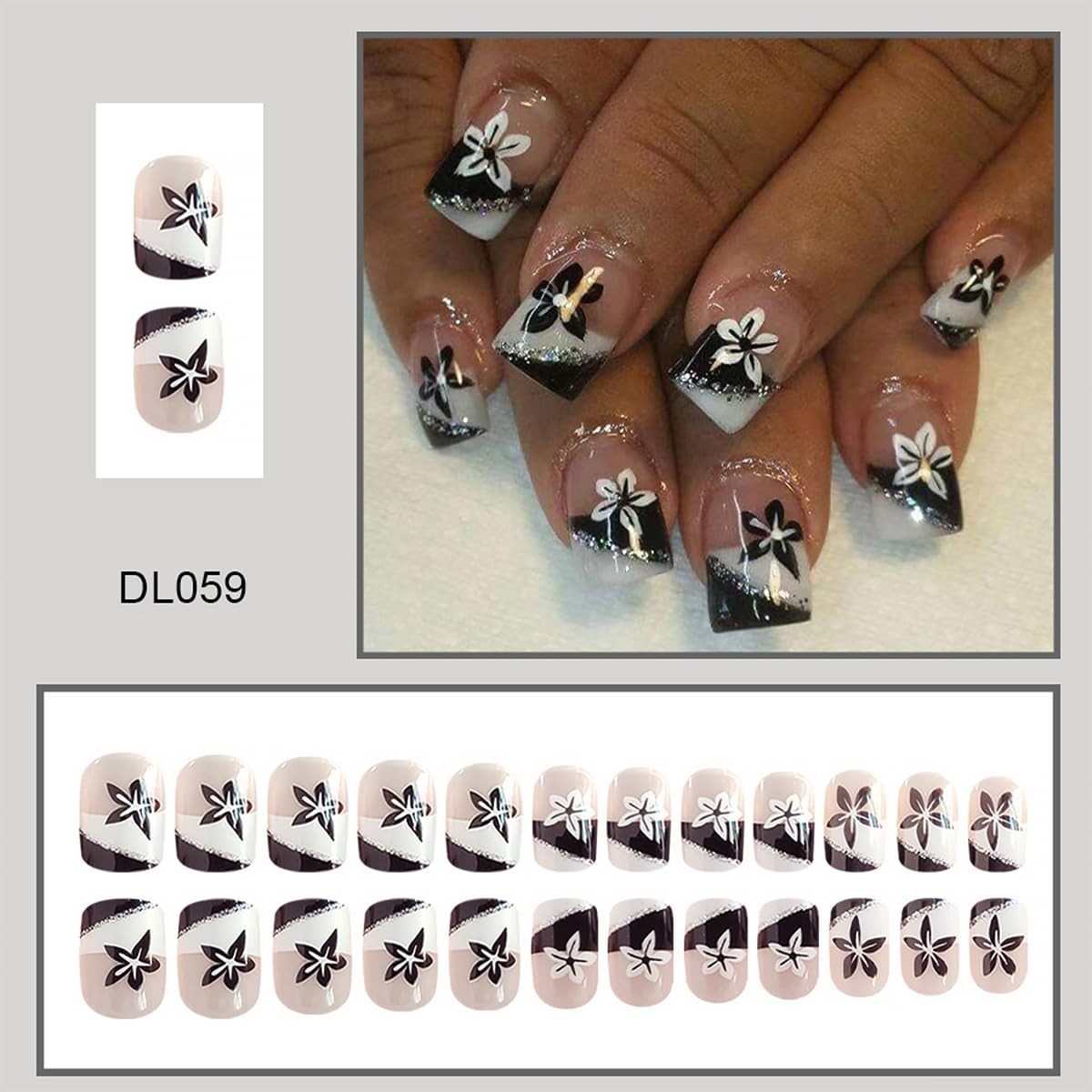 24Pcs French Tip Press on Nails Short Square Fake Nails with Black White Desi…