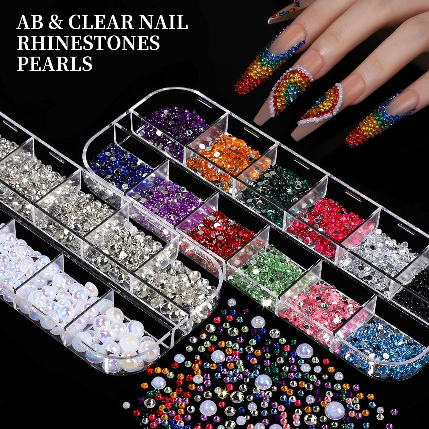 Nail Rhinestones Kit with 8 Boxes of Colorful Flatback Gems and Charms