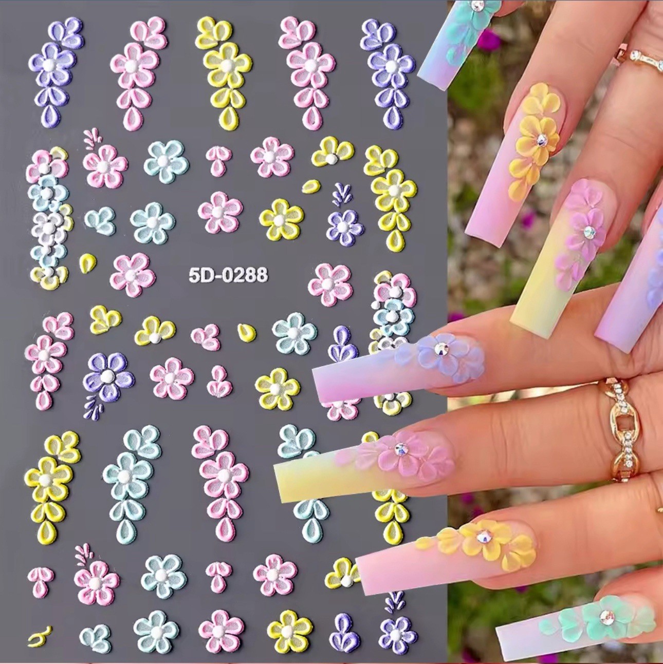 2PK 5D Embossed Flowers Nail Art Stickers Petals Decals Spring Summer Nail Decor