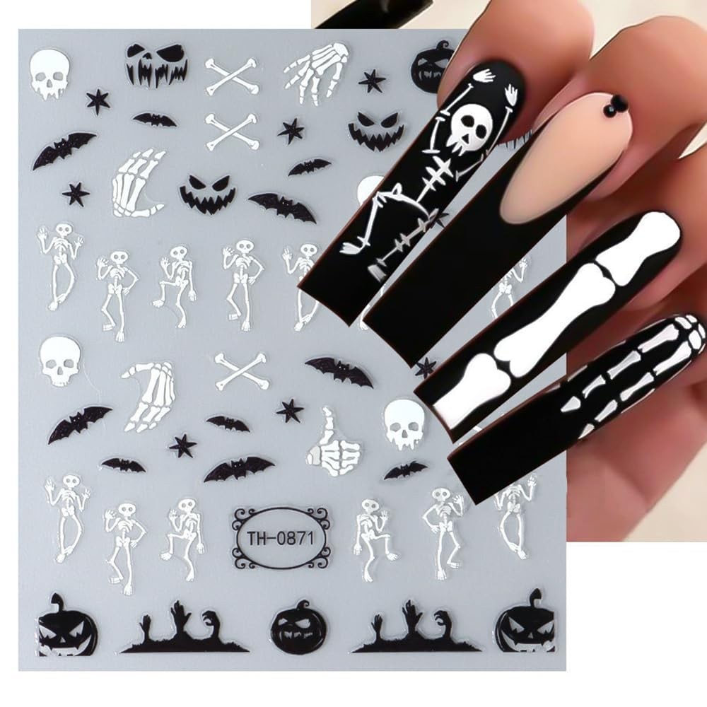 Halloween Nail Stickers, 6 Sheets Black Ghost Nail Decals 3D Self-Adhesive Small